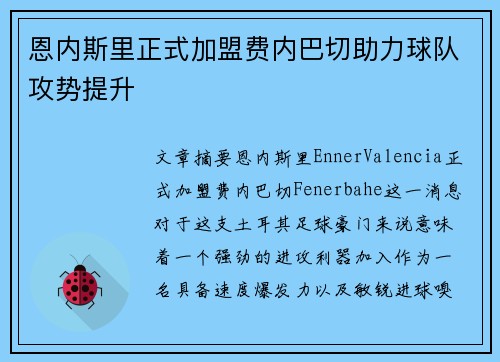 恩内斯里正式加盟费内巴切助力球队攻势提升