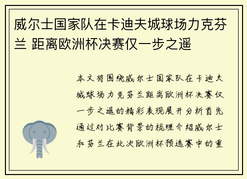 威尔士国家队在卡迪夫城球场力克芬兰 距离欧洲杯决赛仅一步之遥